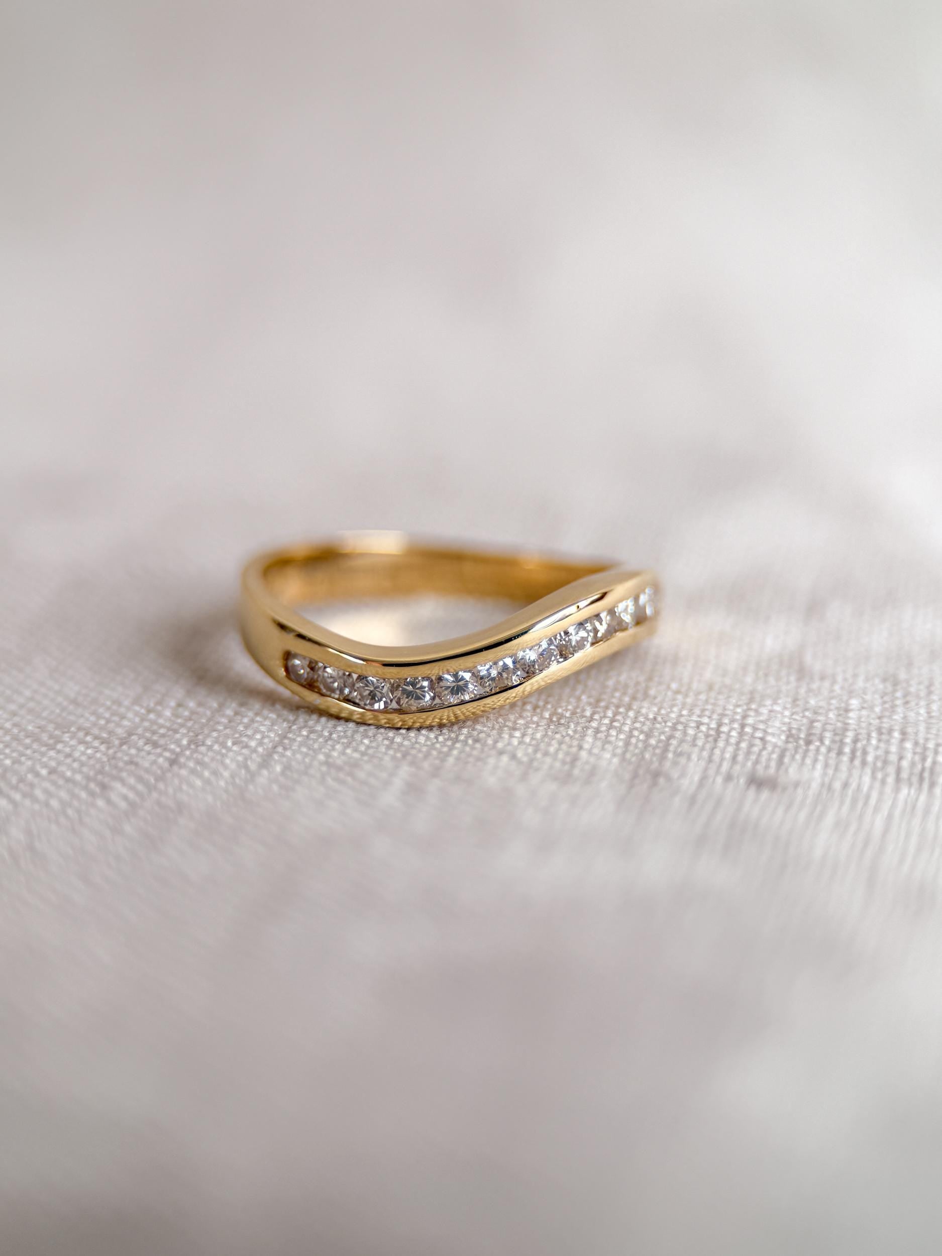 Vintage Diamond Anniversary Band, 18k Gold, Curved Wave Channel Set Band