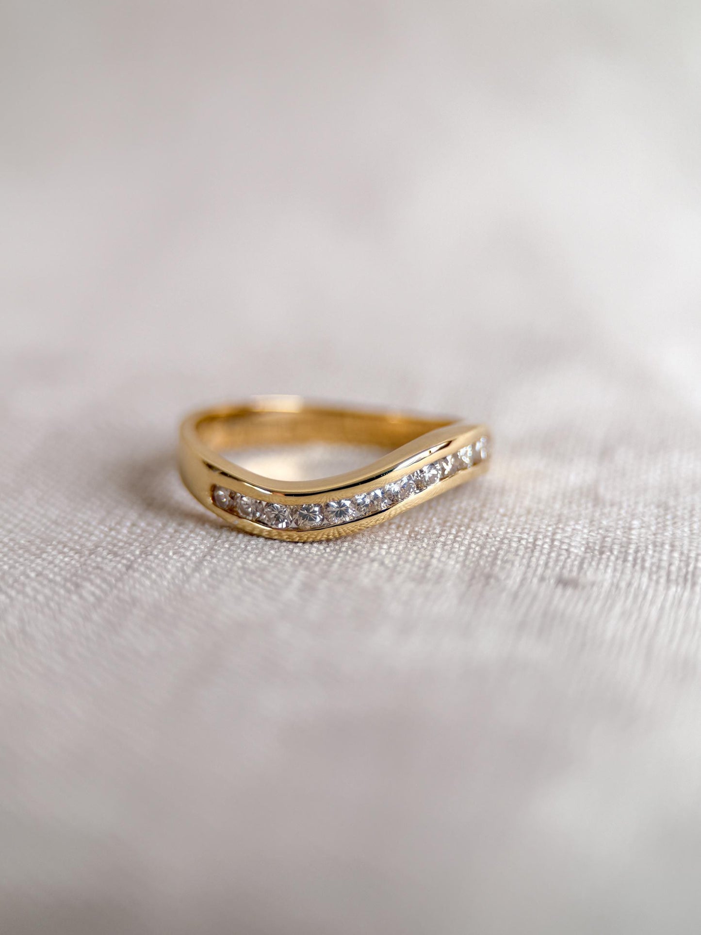 Vintage Diamond Anniversary Band, 18k Gold, Curved Wave Channel Set Band