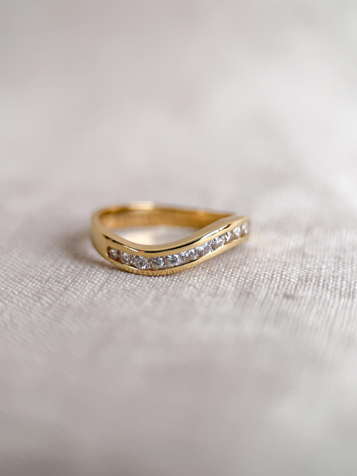Vintage Diamond Anniversary Band, 18k Gold, Curved Wave Channel Set Band