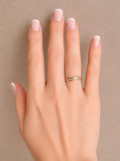 Vintage Diamond Anniversary Band, 18k Gold, Curved Wave Channel Set Band