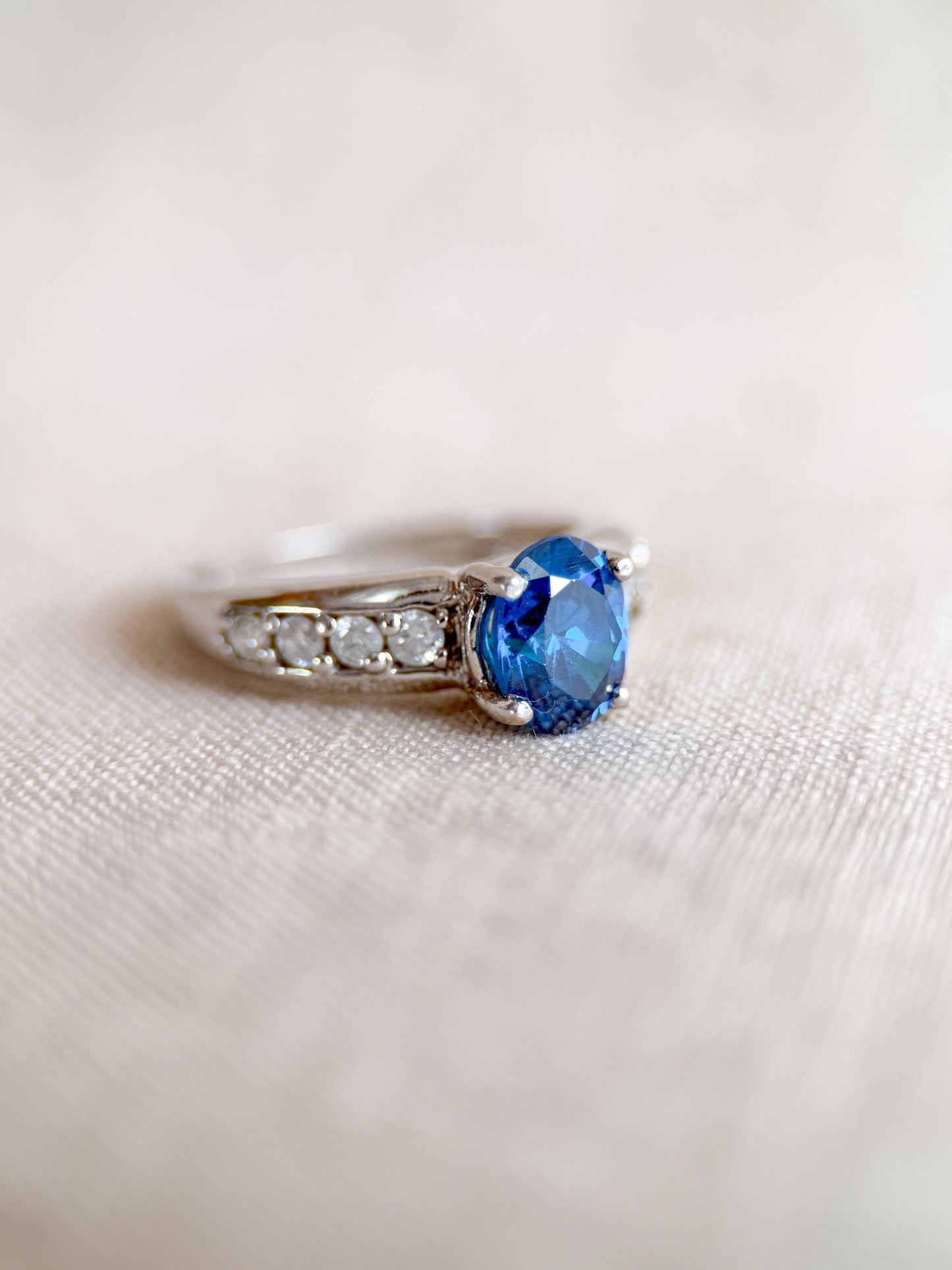 Vintage Blue Topaz and Diamond Engagement Ring, 14k White Gold, Oval Prong Bridal Ring