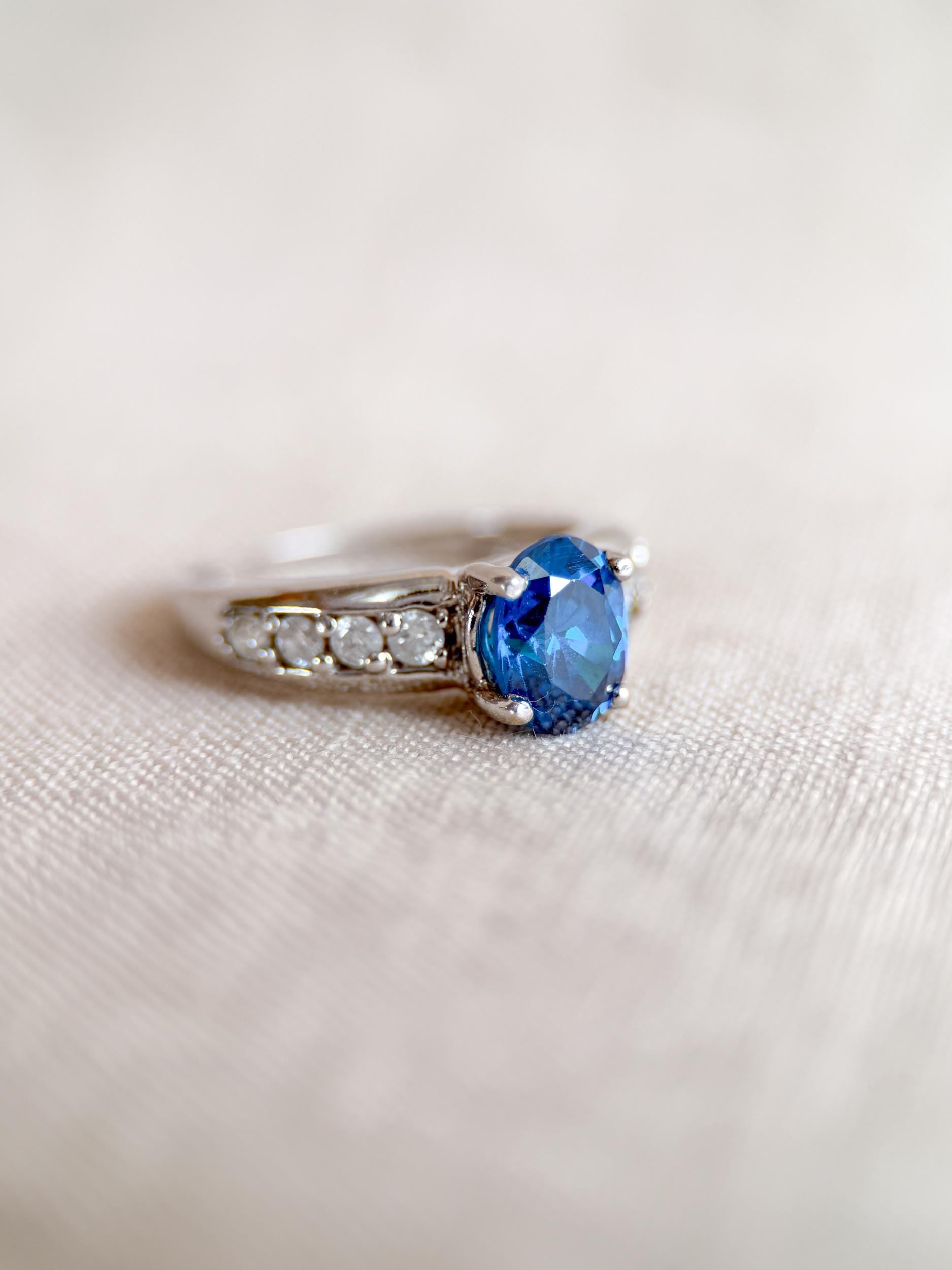 Vintage Blue Topaz and Diamond Engagement Ring, 14k White Gold, Oval Prong Bridal Ring