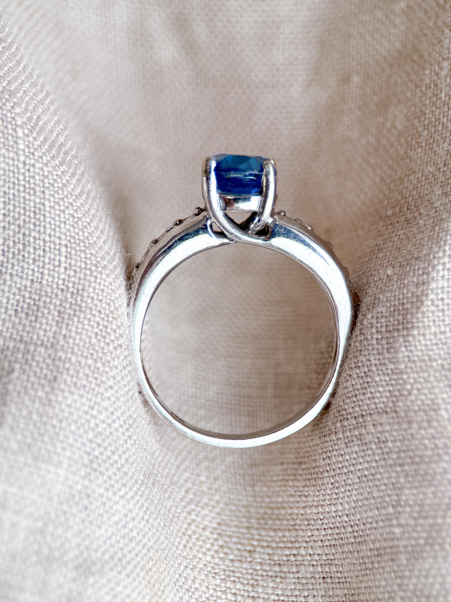 Vintage Blue Topaz and Diamond Engagement Ring, 14k White Gold, Oval Prong Bridal Ring