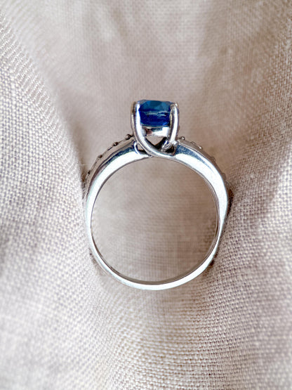 Vintage Blue Topaz and Diamond Engagement Ring, 14k White Gold, Oval Prong Bridal Ring