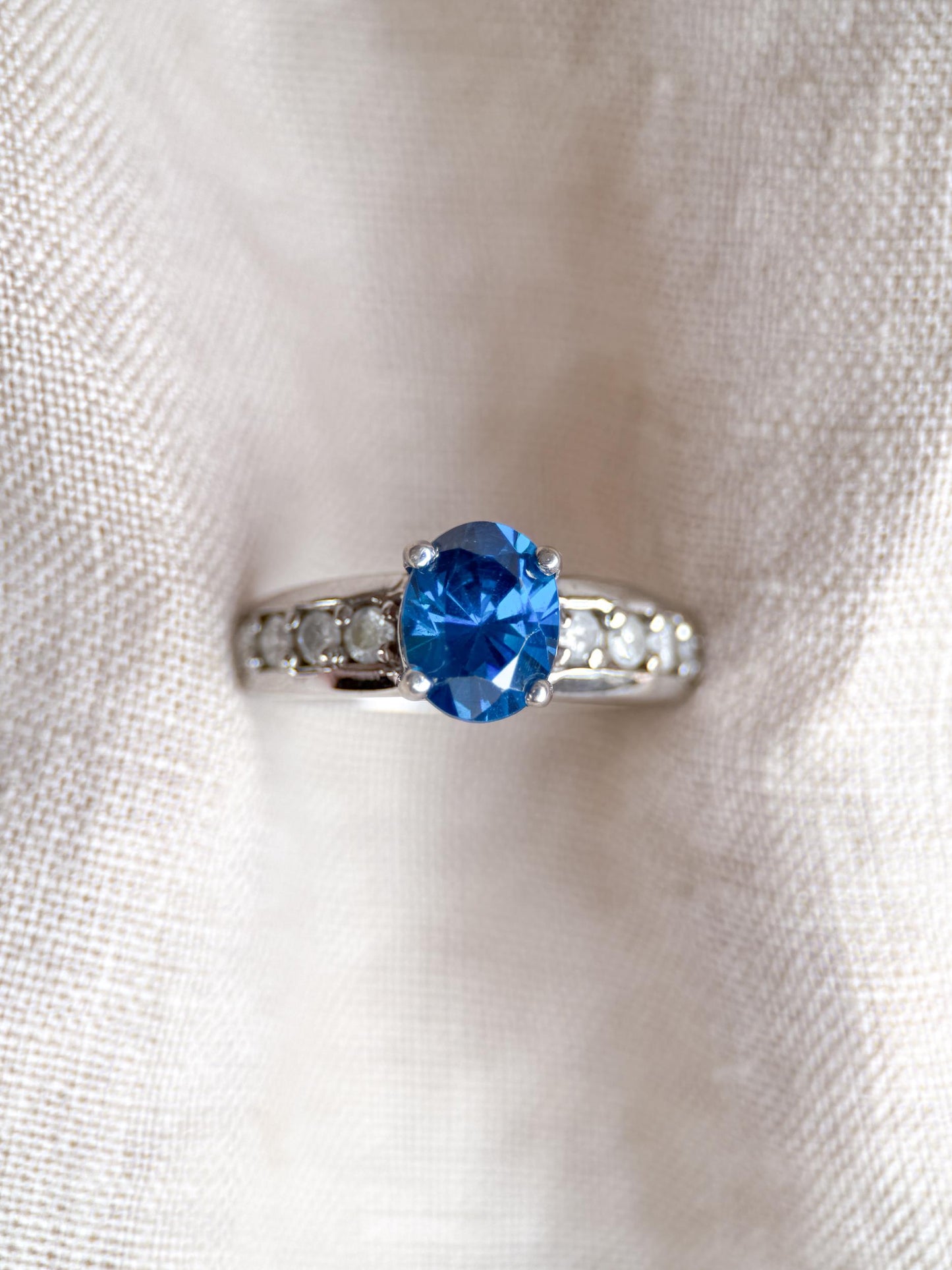 Vintage Blue Topaz and Diamond Engagement Ring, 14k White Gold, Oval Prong Bridal Ring