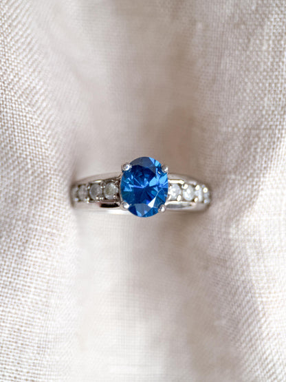 Vintage Blue Topaz and Diamond Engagement Ring, 14k White Gold, Oval Prong Bridal Ring