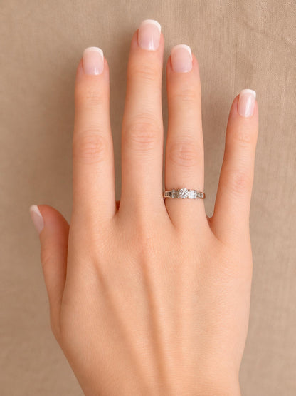 Vintage Diamond Engagement Ring, Round Cut, 14k White Gold, Prong and Channel Bridal Ring
