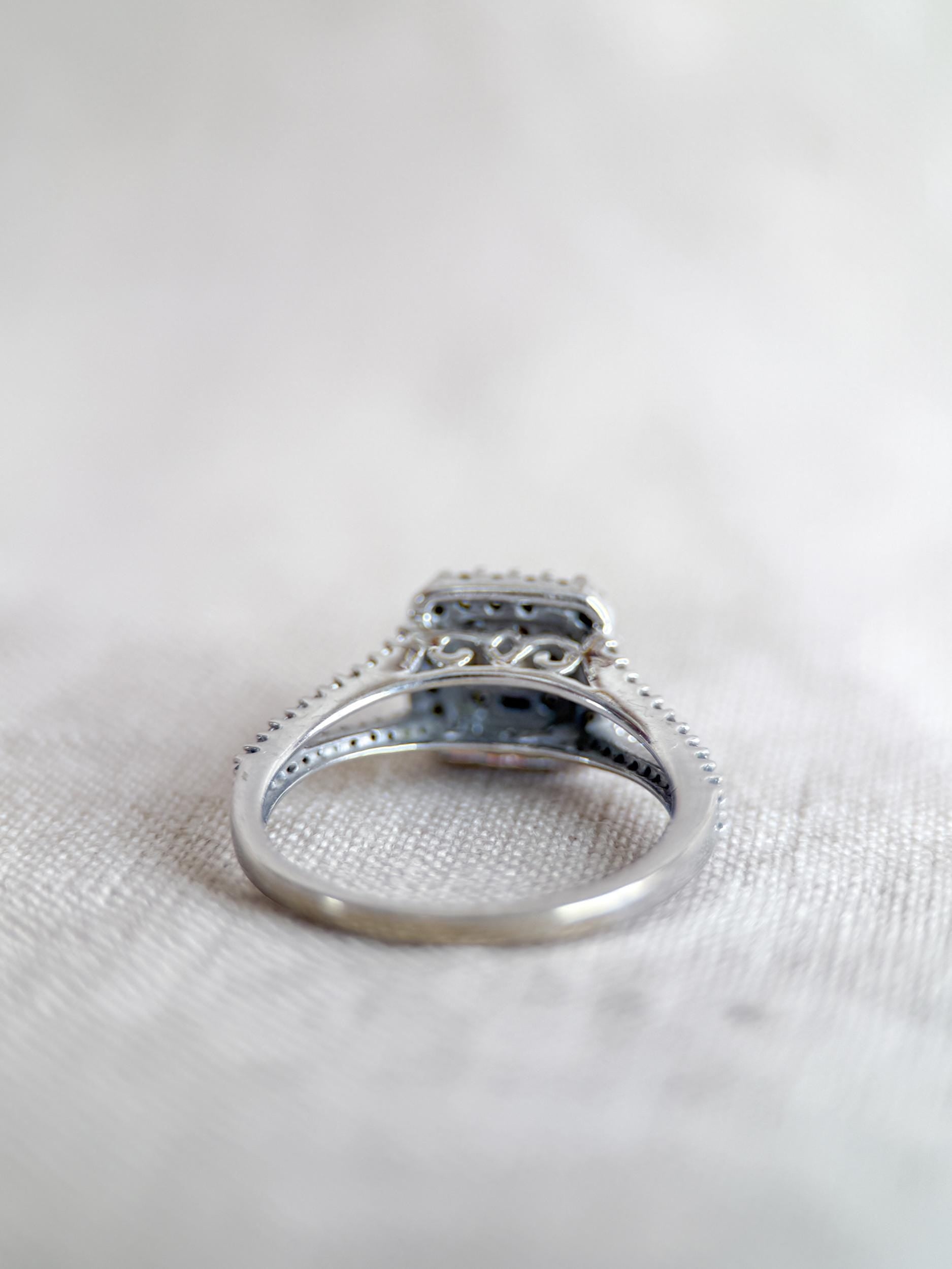 Vintage Diamond Halo Engagement Ring, Round Cut, 10k White Gold, Cushion Shaped Bridal Ring