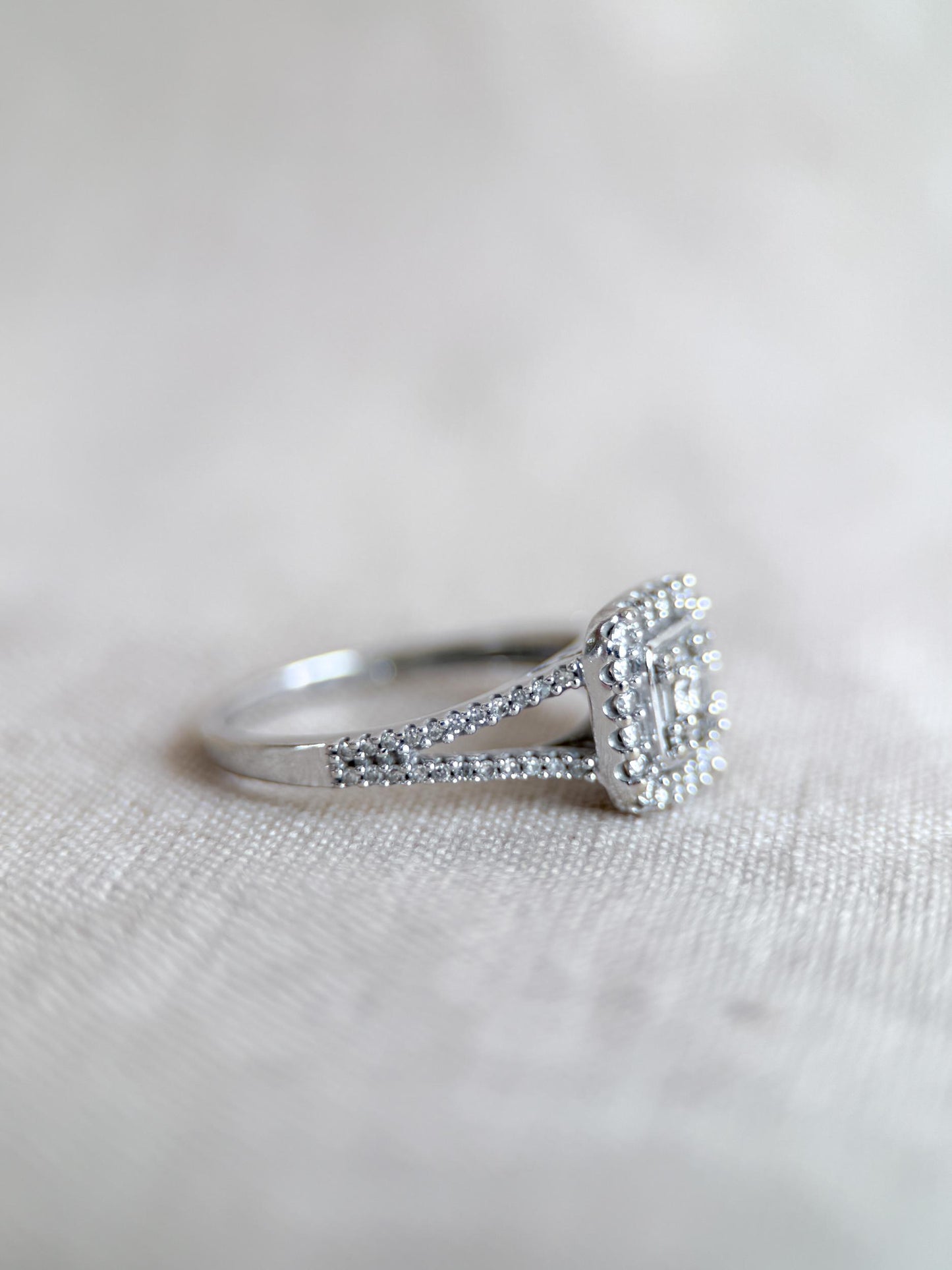 Vintage Diamond Halo Engagement Ring, Round Cut, 10k White Gold, Cushion Shaped Bridal Ring