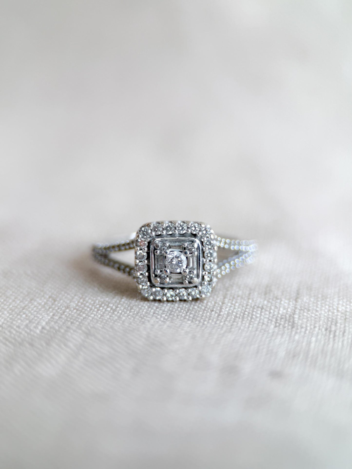 Vintage Diamond Halo Engagement Ring, Round Cut, 10k White Gold, Cushion Shaped Bridal Ring