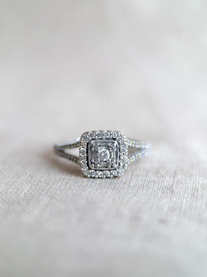Vintage Diamond Halo Engagement Ring, Round Cut, 10k White Gold, Cushion Shaped Bridal Ring