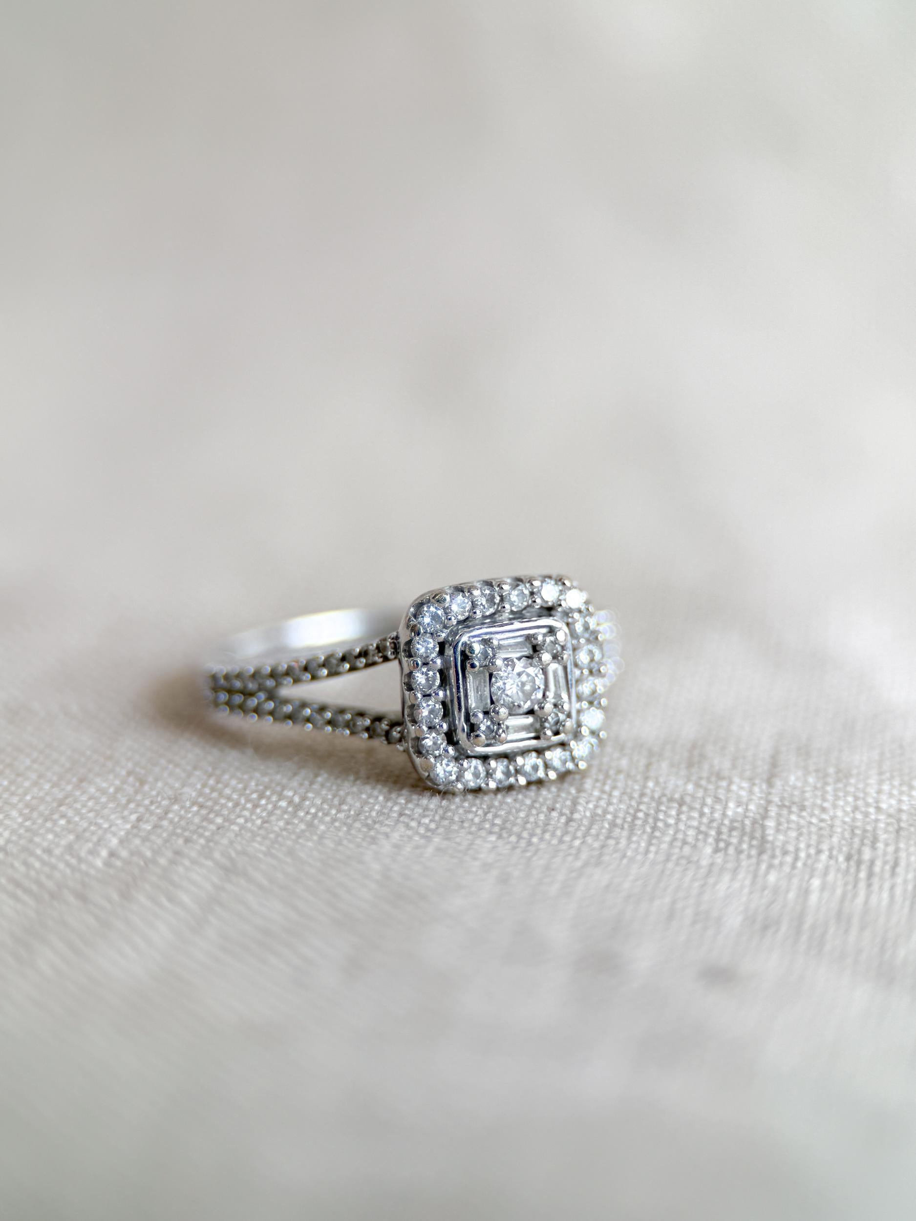 Vintage Diamond Halo Engagement Ring, Round Cut, 10k White Gold, Cushion Shaped Bridal Ring