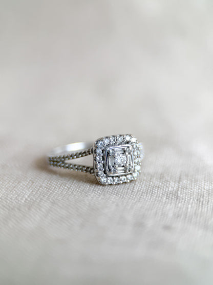 Vintage Diamond Halo Engagement Ring, Round Cut, 10k White Gold, Cushion Shaped Bridal Ring