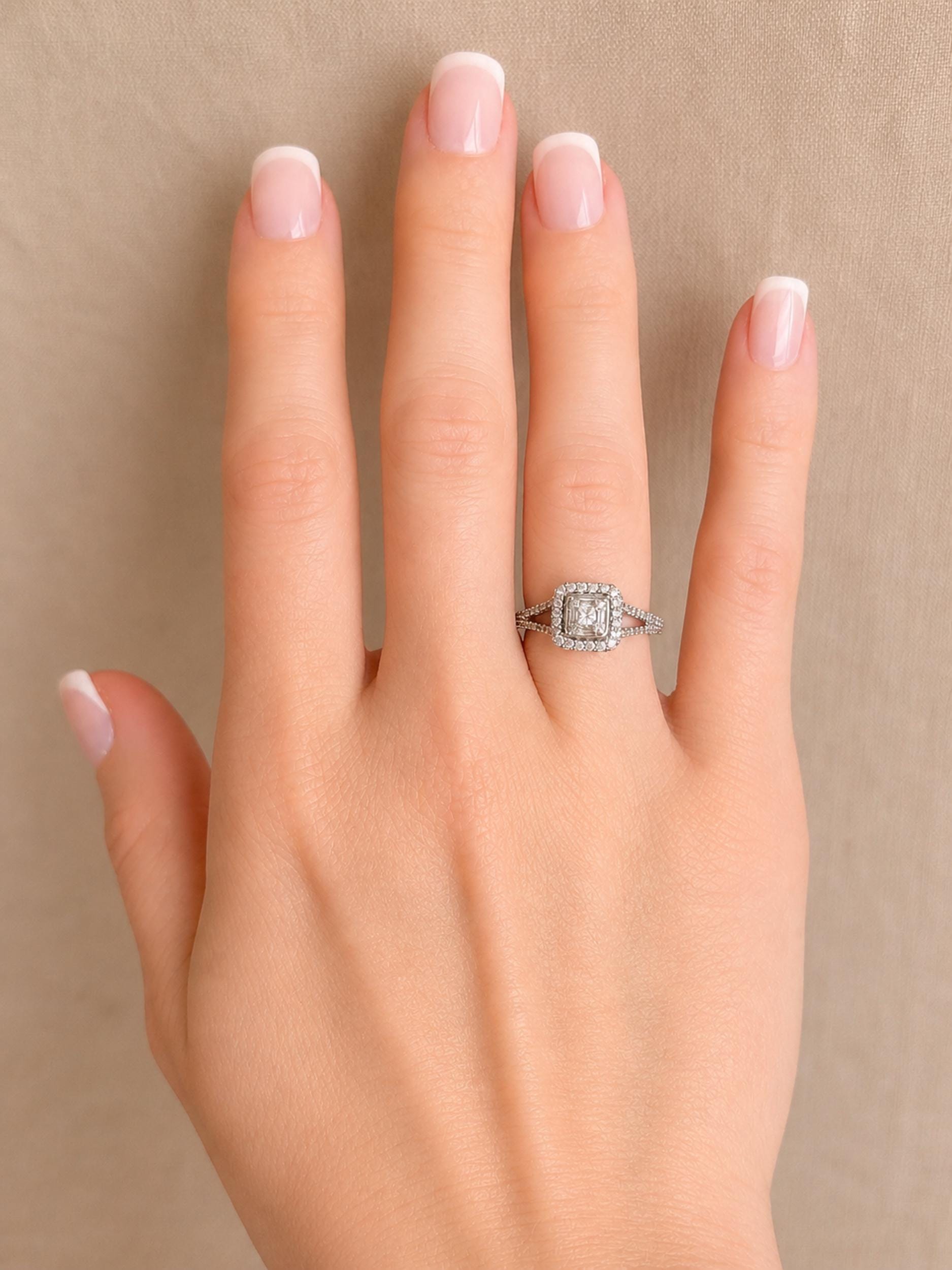 Vintage Diamond Halo Engagement Ring, Round Cut, 10k White Gold, Cushion Shaped Bridal Ring