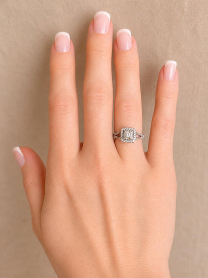 Vintage Diamond Halo Engagement Ring, Round Cut, 10k White Gold, Cushion Shaped Bridal Ring