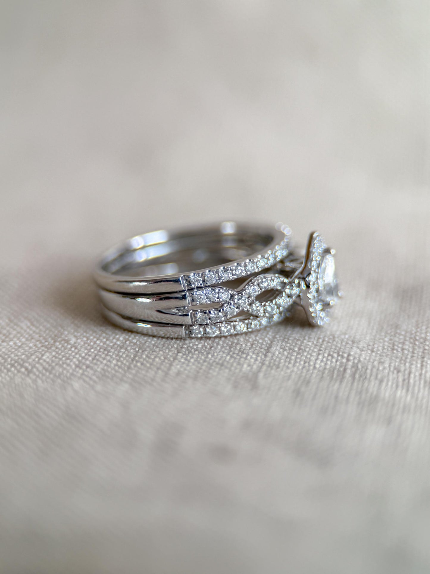 Vintage Diamond Halo Engagement Ring, Pear Cut, 14k White Gold, Infinity Bridal Ring