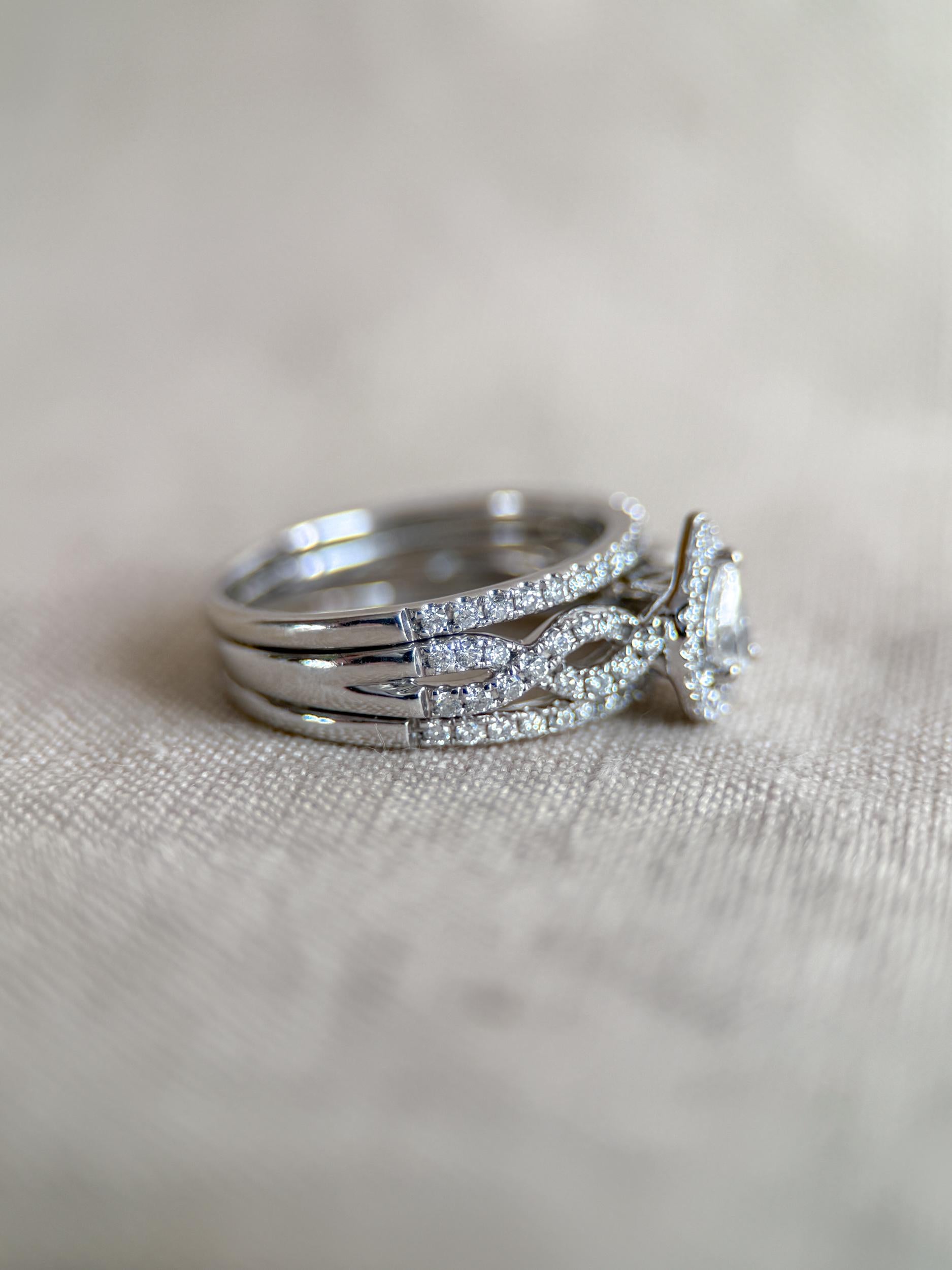 Vintage Diamond Halo Engagement Ring, Pear Cut, 14k White Gold, Infinity Bridal Ring
