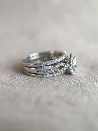 Vintage Diamond Halo Engagement Ring, Pear Cut, 14k White Gold, Infinity Bridal Ring