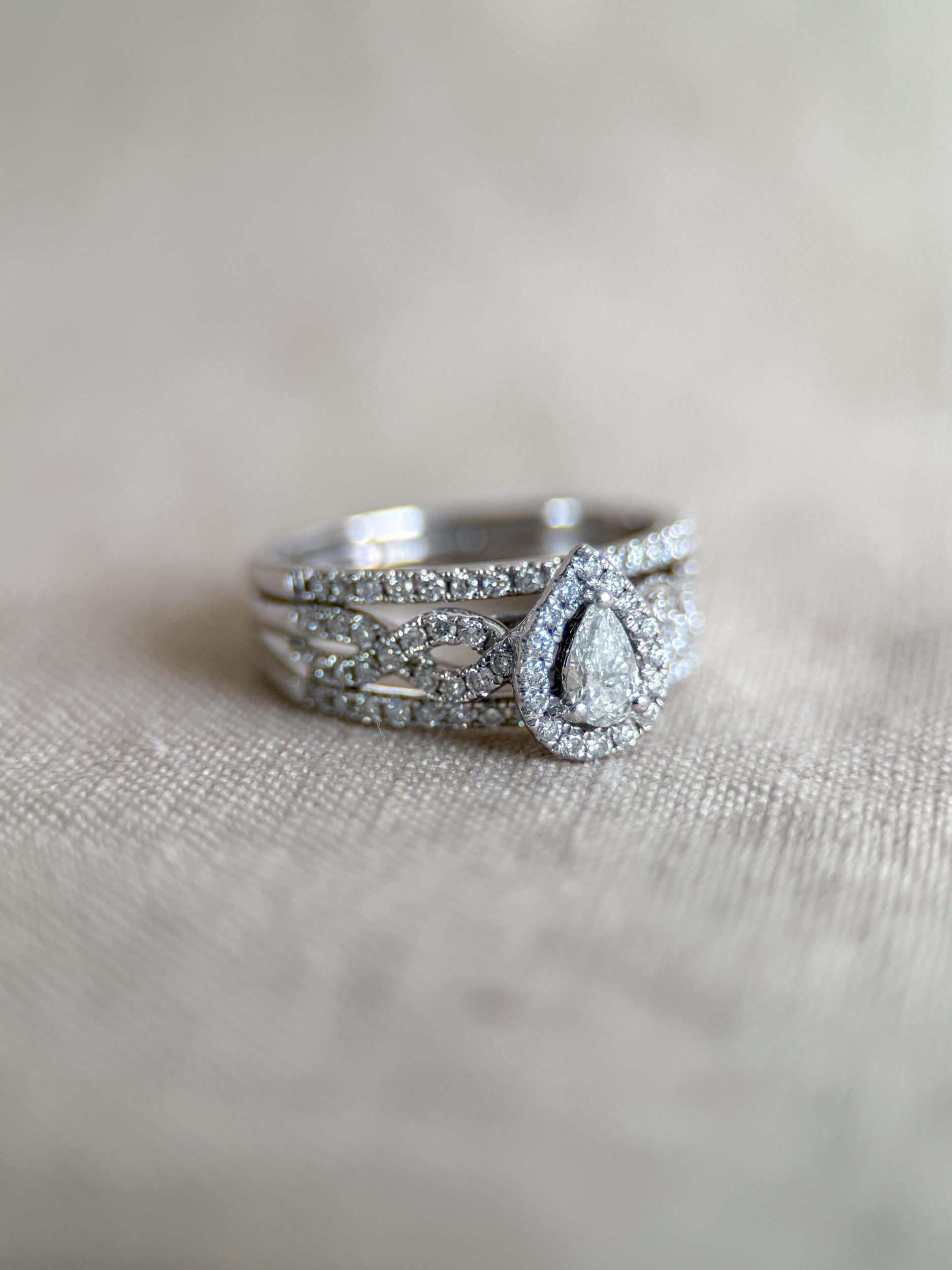 Vintage Diamond Halo Engagement Ring, Pear Cut, 14k White Gold, Infinity Bridal Ring