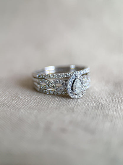 Vintage Diamond Halo Engagement Ring, Pear Cut, 14k White Gold, Infinity Bridal Ring