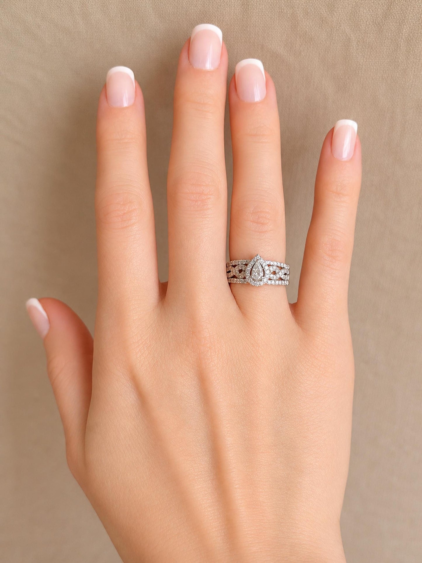 Vintage Diamond Halo Engagement Ring, Pear Cut, 14k White Gold, Infinity Bridal Ring