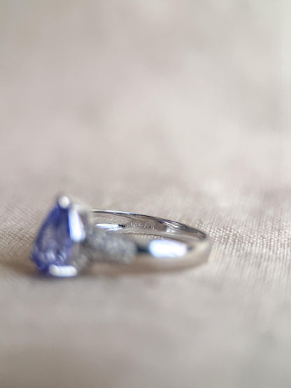 Vintage Tanzanite and Diamond Engagement Ring, Pear Cut, 14k White Gold, Pave Bridal Ring