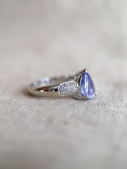 Vintage Tanzanite and Diamond Engagement Ring, Pear Cut, 14k White Gold, Pave Bridal Ring