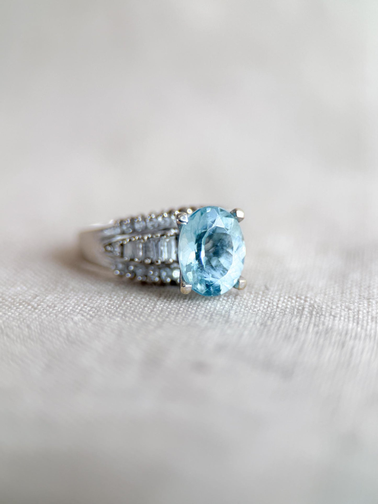 Aquamarine and Diamond Engagement Ring, Oval Cut, 18k White Gold, Baguette Accents Bridal Ring