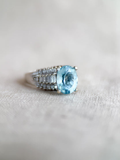 Aquamarine and Diamond Engagement Ring, Oval Cut, 18k White Gold, Baguette Accents Bridal Ring