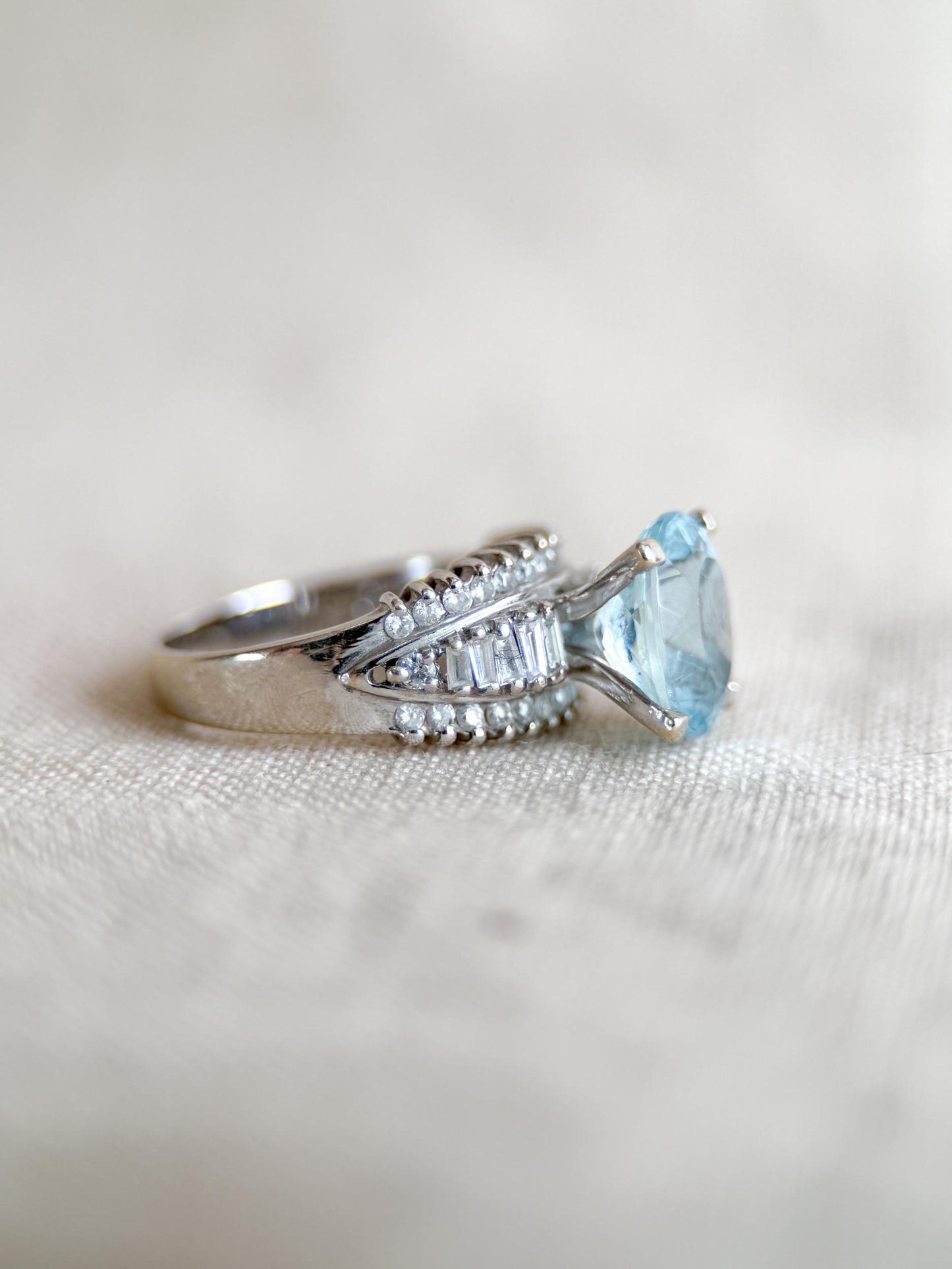Aquamarine and Diamond Engagement Ring, Oval Cut, 18k White Gold, Baguette Accents Bridal Ring