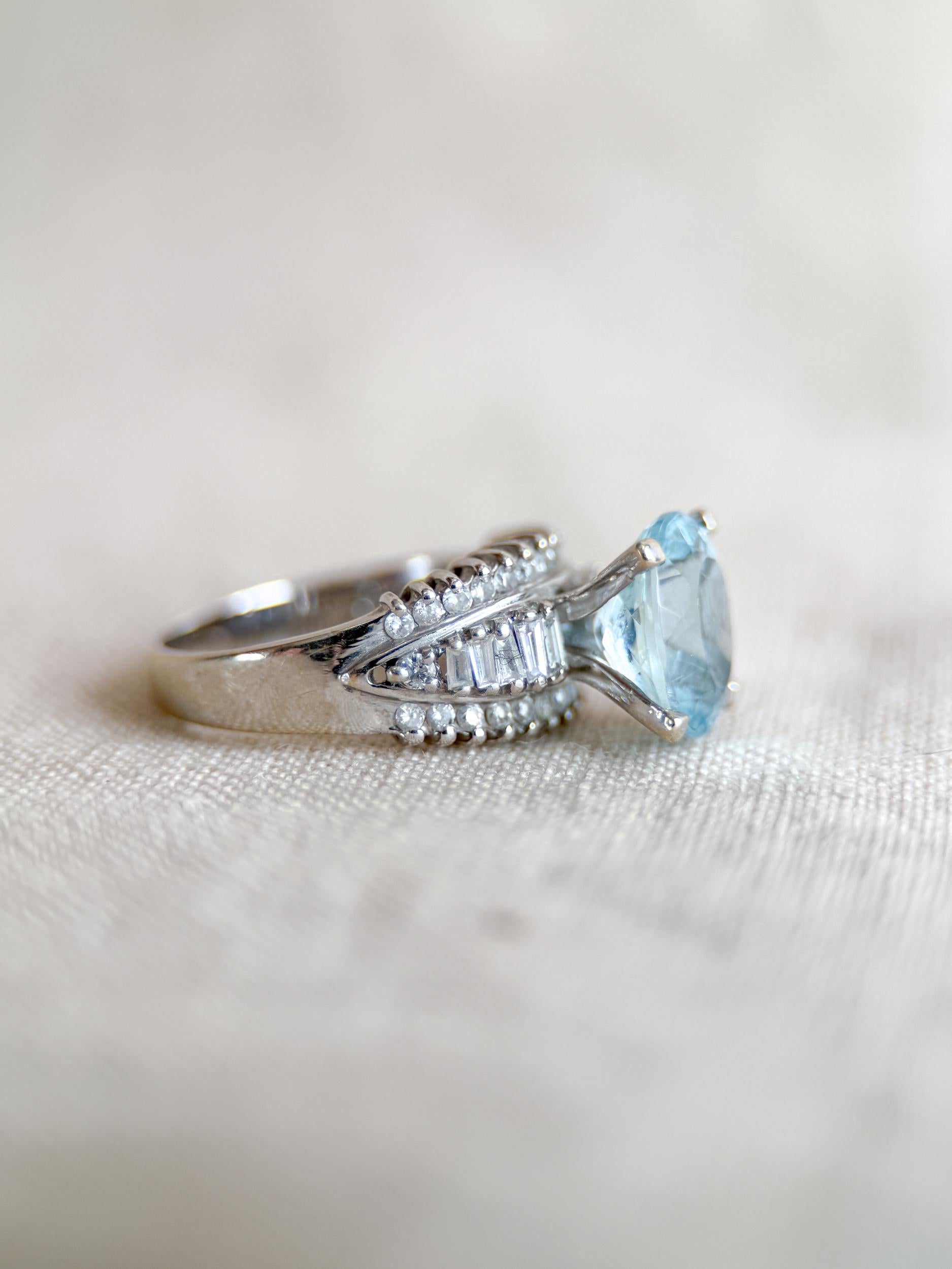 Aquamarine and Diamond Engagement Ring, Oval Cut, 18k White Gold, Baguette Accents Bridal Ring