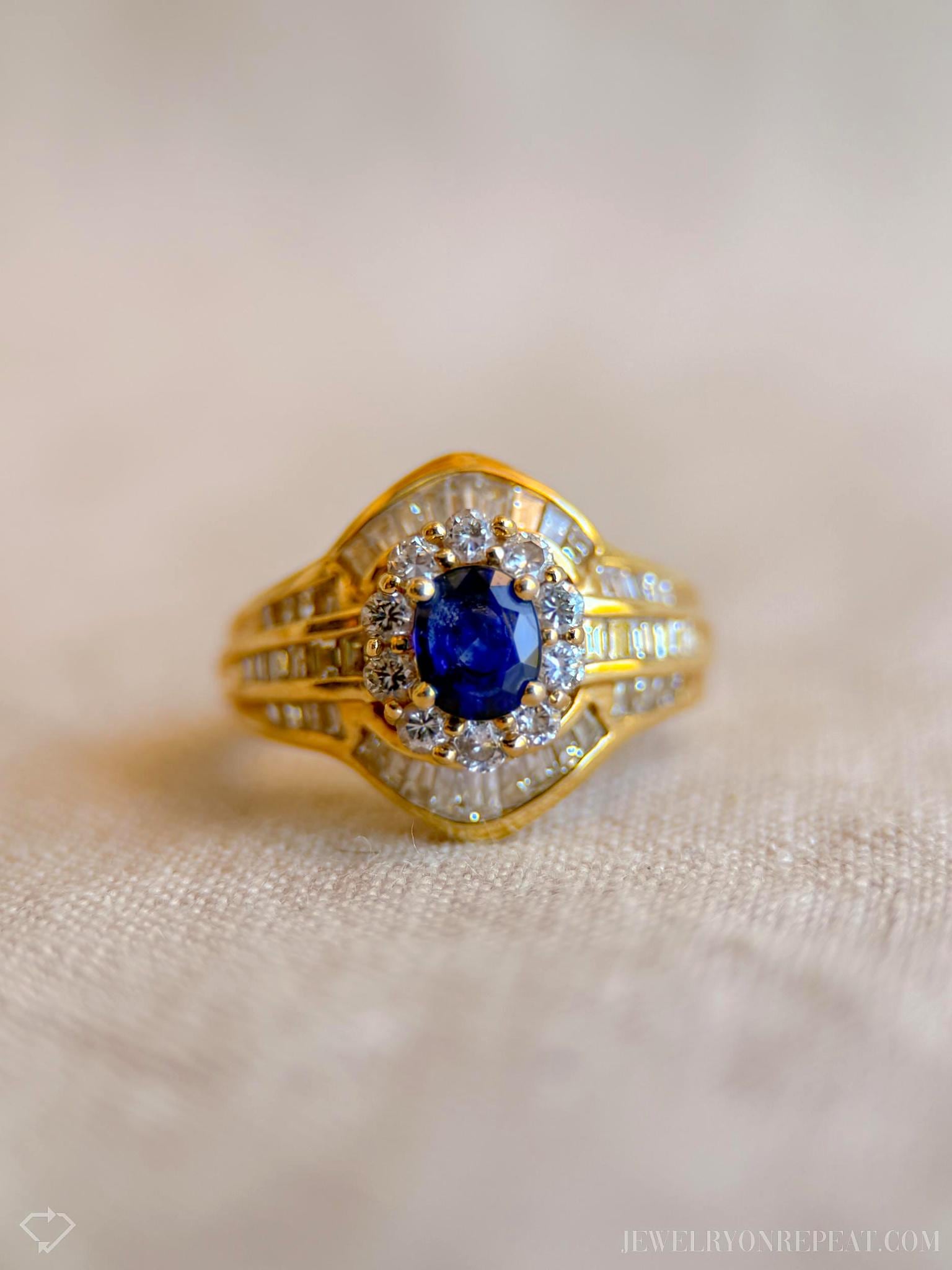 Vintage Oval Sapphire and Diamond Halo Engagement Ring, 18k Gold, Baguette Channel Bridal Ring