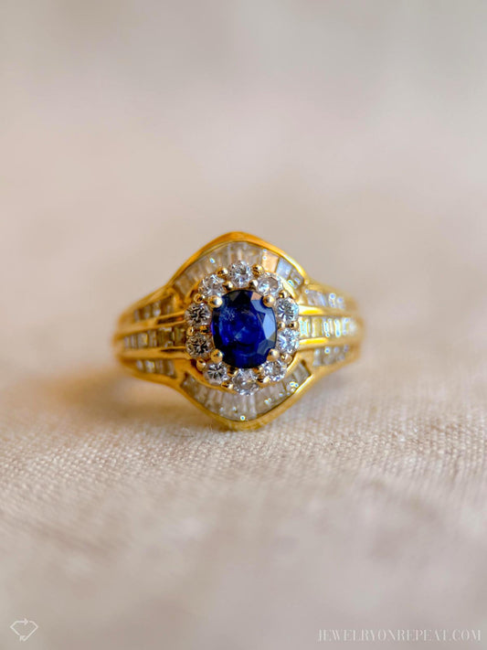 Vintage Oval Sapphire and Diamond Halo Engagement Ring, 18k Gold, Baguette Channel Bridal Ring