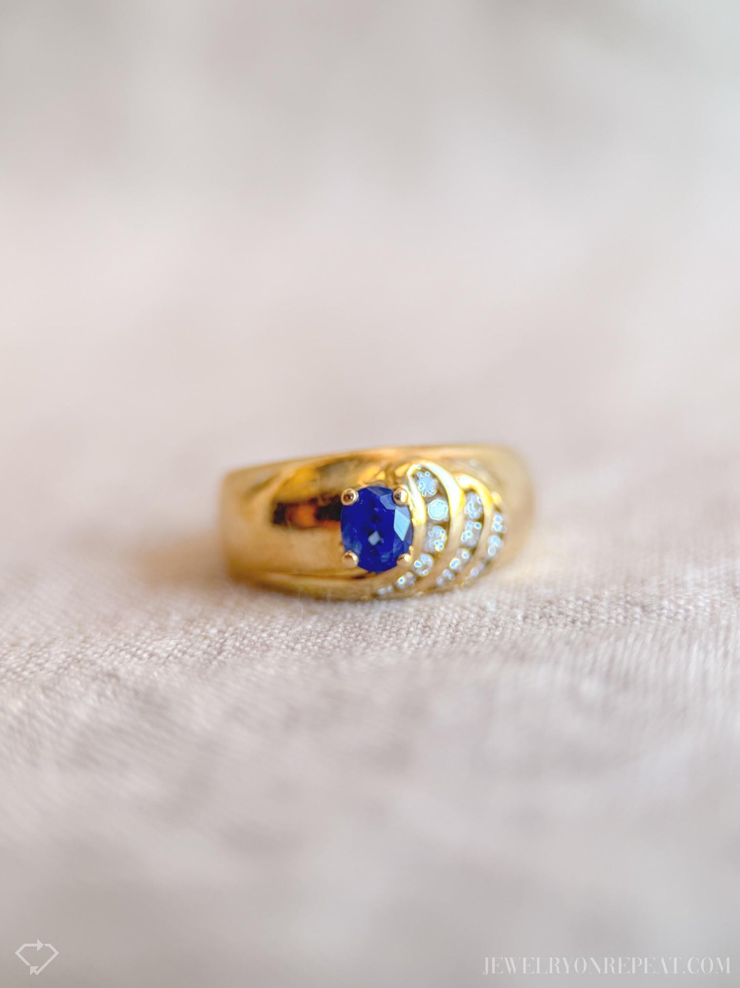 Vintage Sapphire and Diamond Ring, 18k Gold, Oval Sapphire Statement Band, Asymmetrical Wave