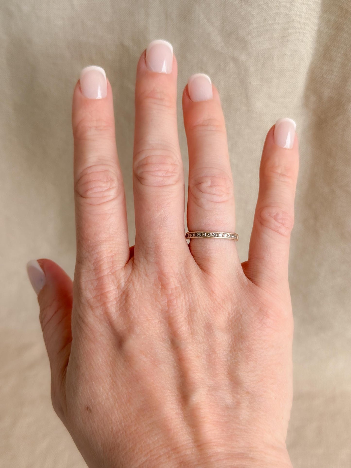 Vintage Diamond Wedding Band, 14k Gold, Round Cut Channel Set Minimalist Ring, Stacking Band