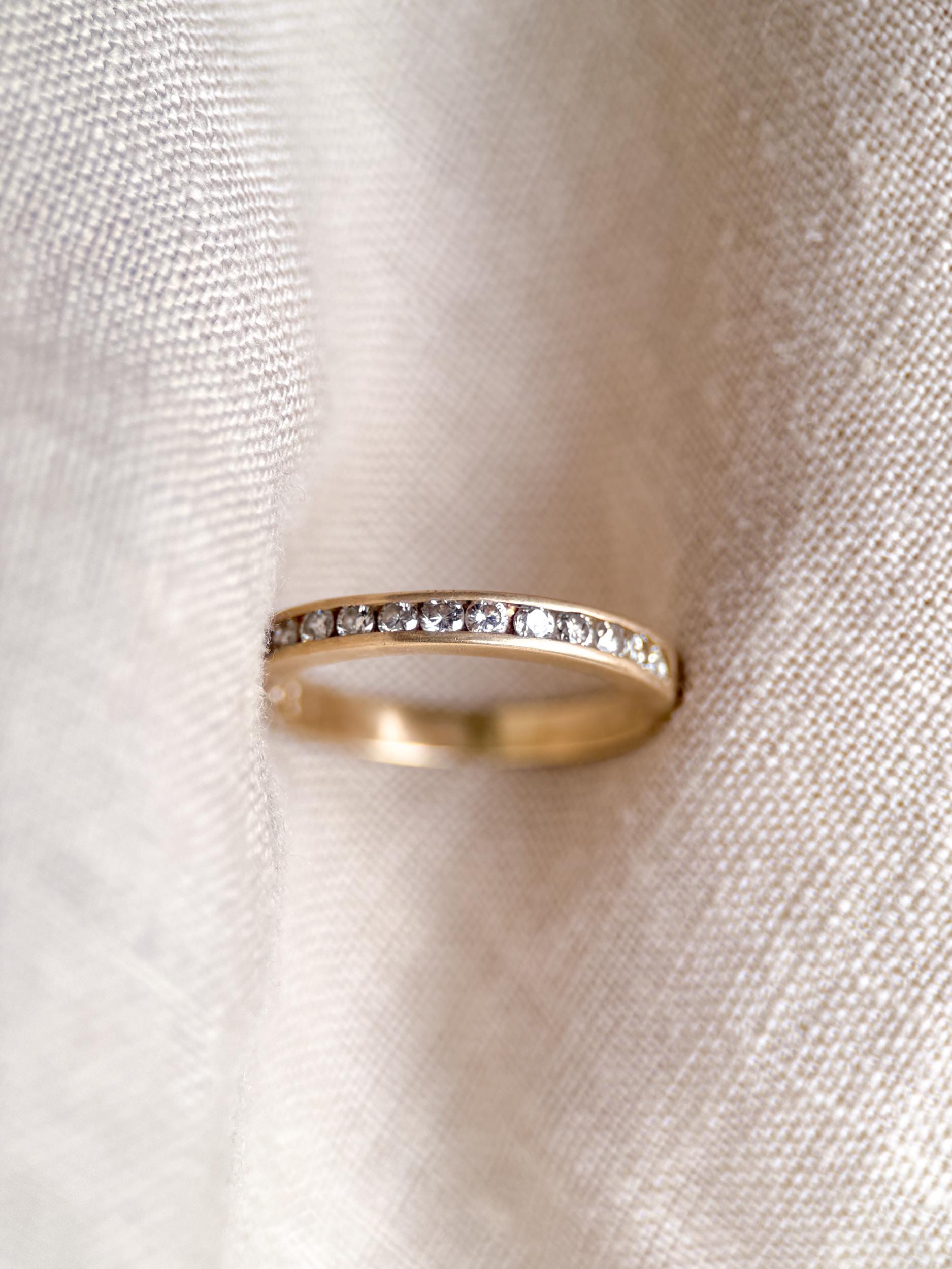 Vintage Diamond Wedding Band, 14k Gold, Round Cut Channel Set Minimalist Ring, Stacking Band