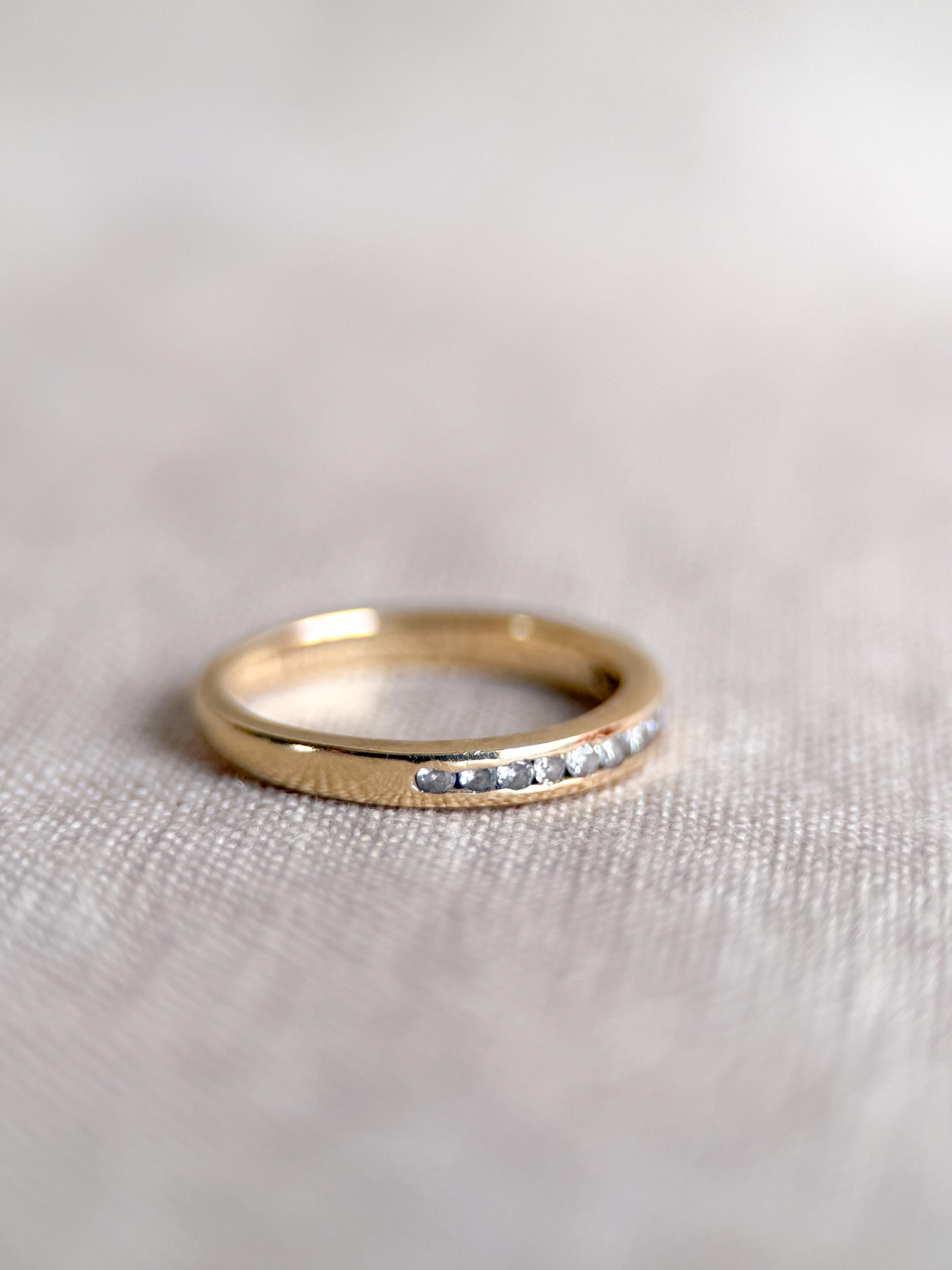 Vintage Diamond Wedding Band, 14k Gold, Round Cut Channel Set Minimalist Ring, Stacking Band