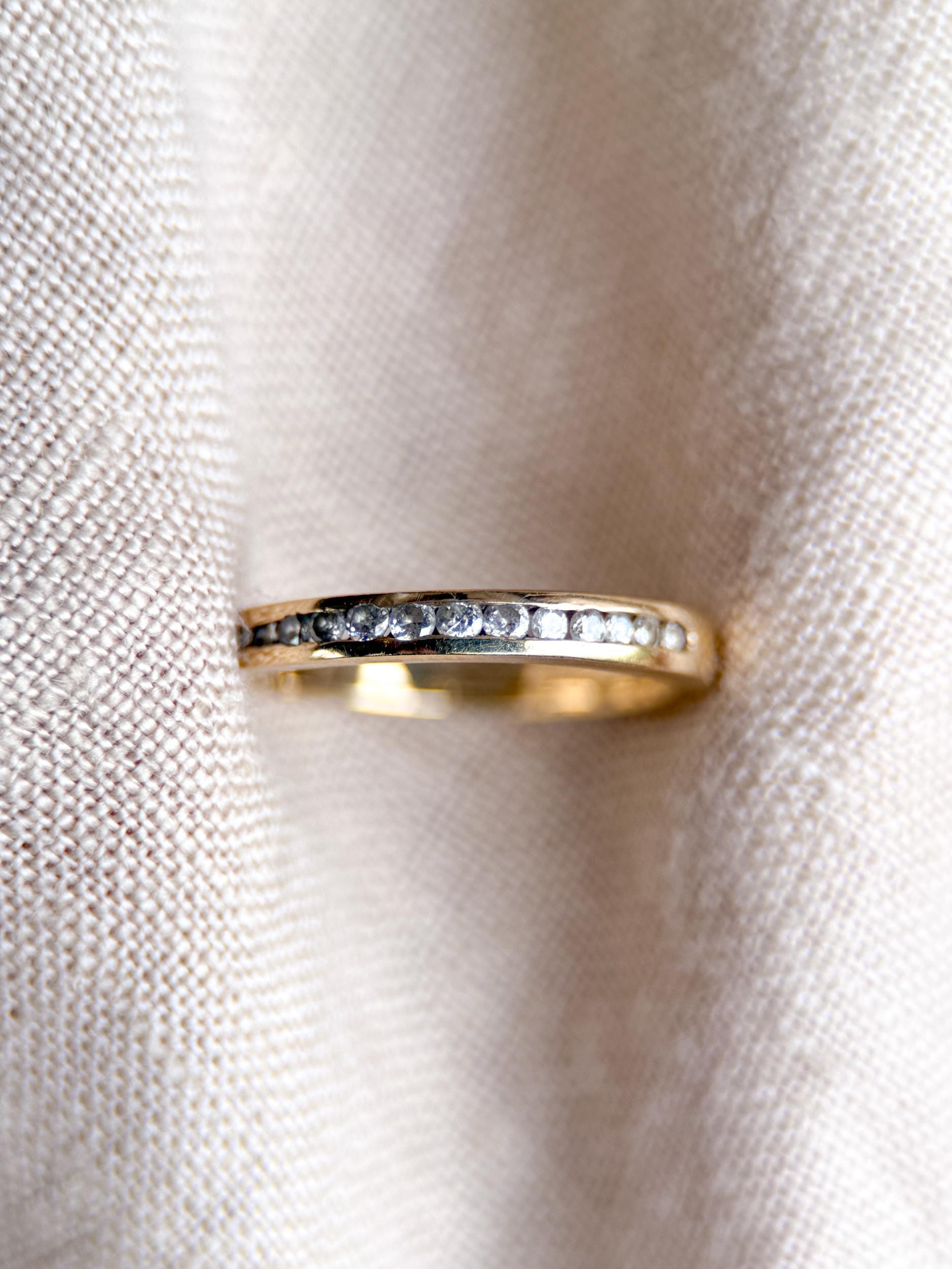 Vintage Diamond Wedding Band, 14k Gold, Round Cut Channel Set Minimalist Ring, Stacking Band