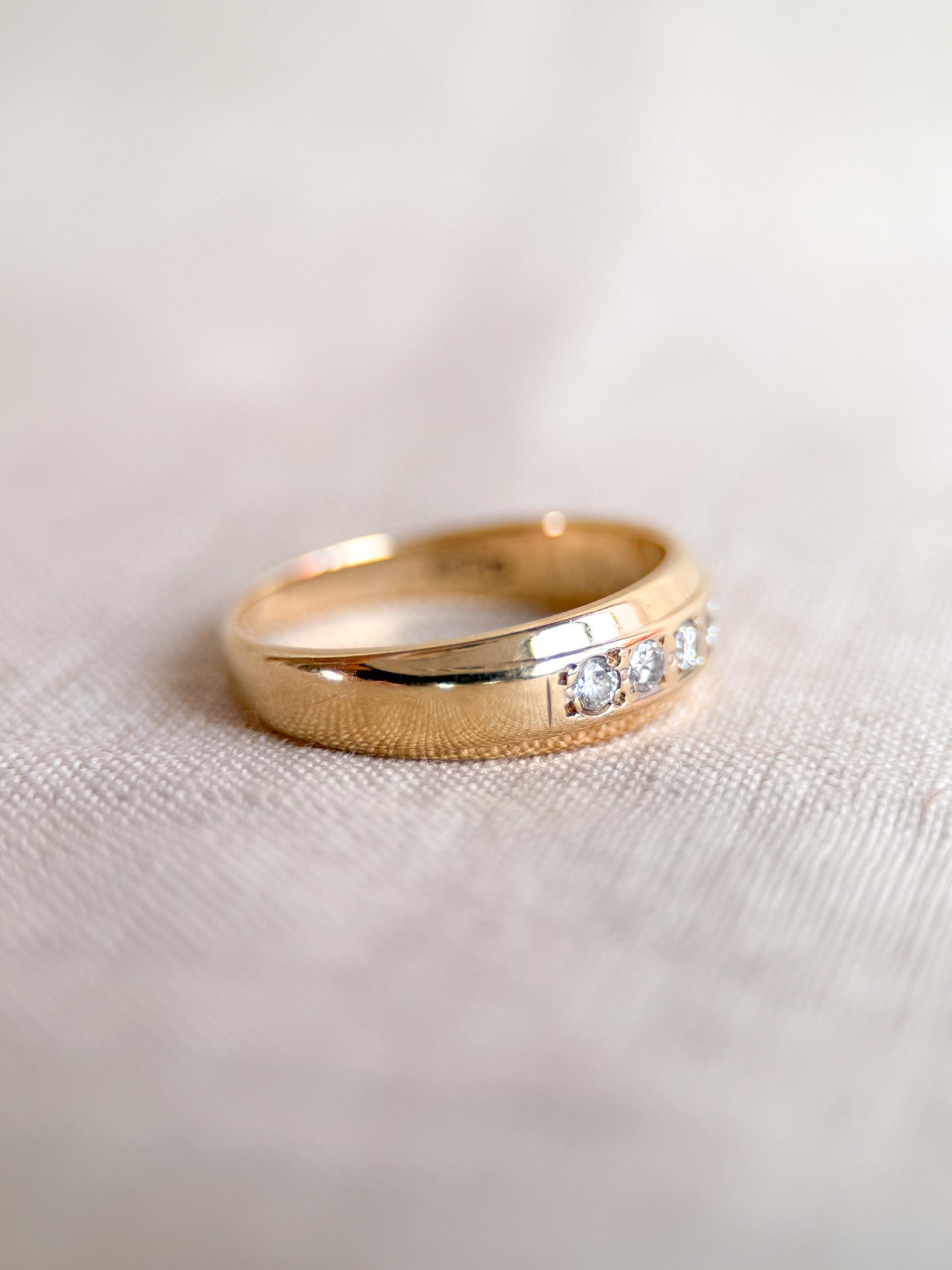 Vintage Diamond Wedding Band, 14k Gold, Wide Round Cut Mens Ring, Stacking Band
