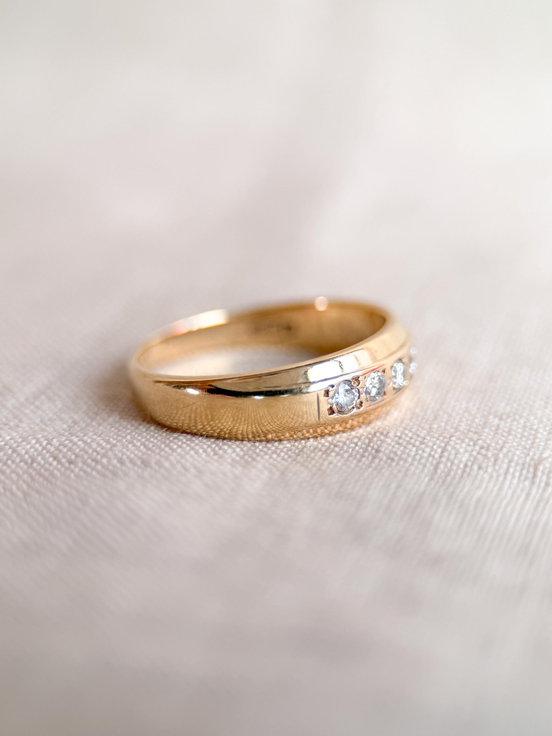 Vintage Diamond Wedding Band, 14k Gold, Wide Round Cut Mens Ring, Stacking Band