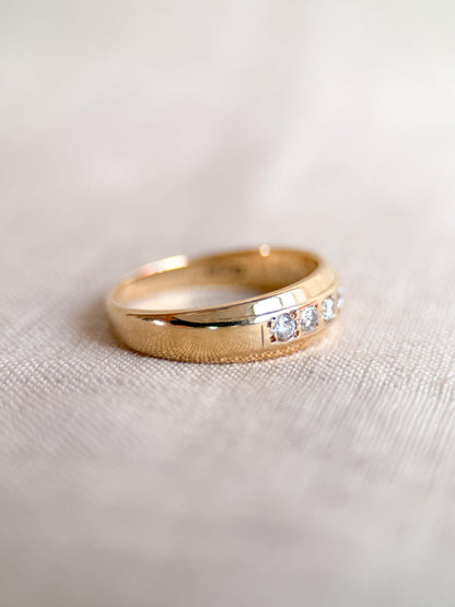 Vintage Diamond Wedding Band, 14k Gold, Wide Round Cut Mens Ring, Stacking Band