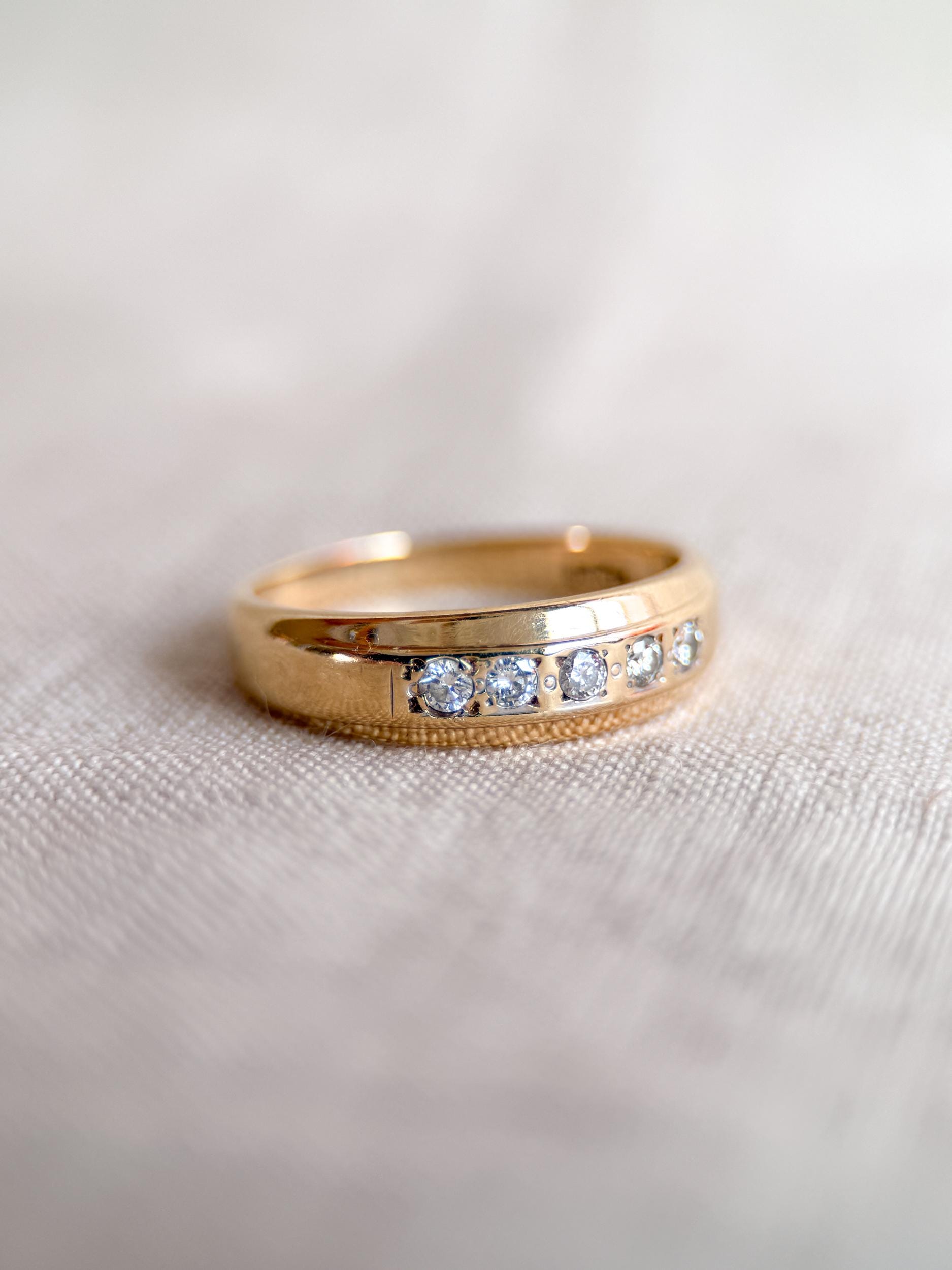 Vintage Diamond Wedding Band, 14k Gold, Wide Round Cut Mens Ring, Stacking Band