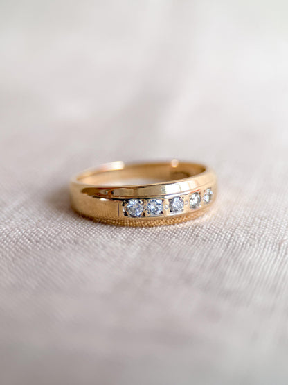 Vintage Diamond Wedding Band, 14k Gold, Wide Round Cut Mens Ring, Stacking Band