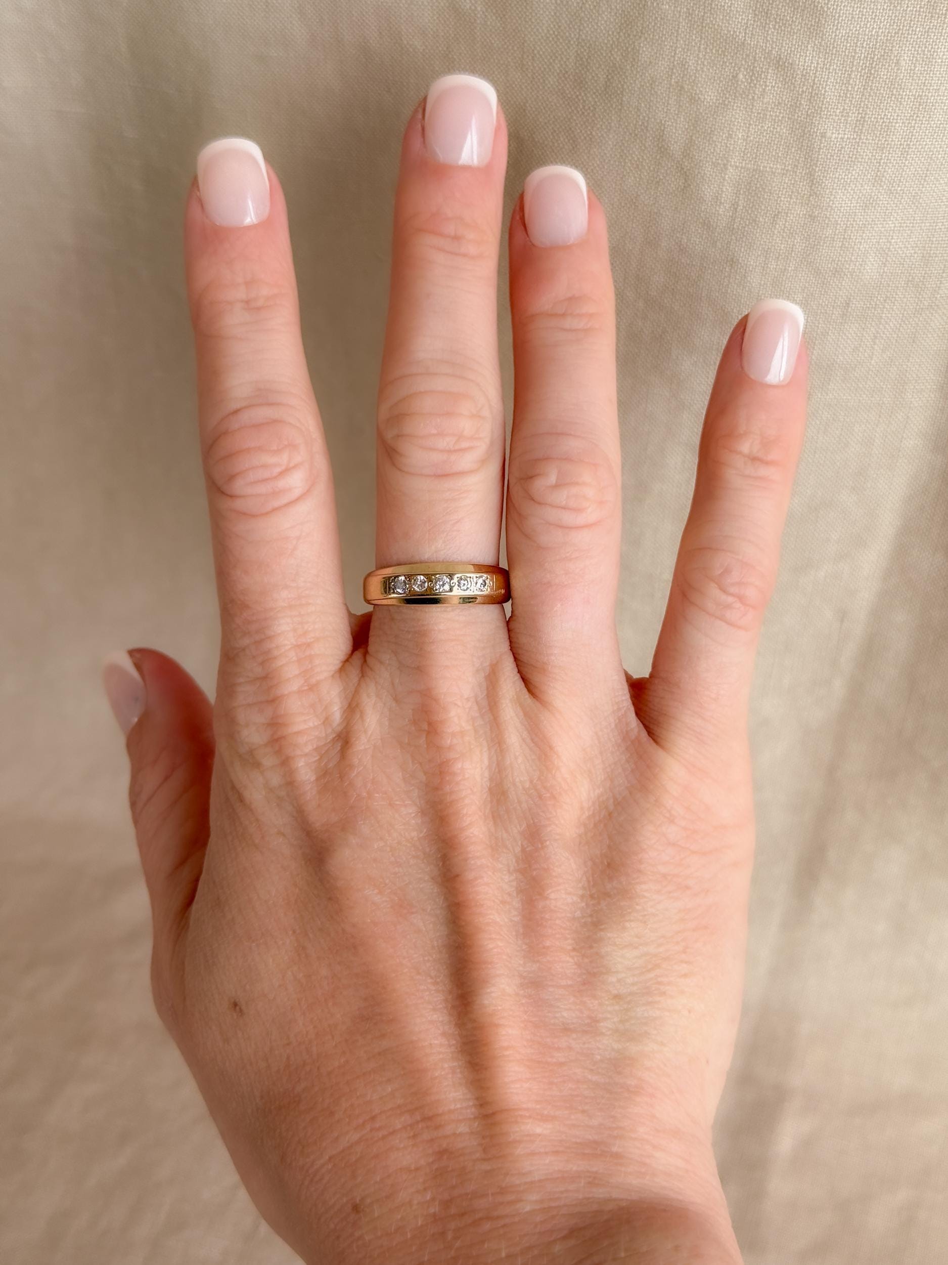Vintage Diamond Wedding Band, 14k Gold, Wide Round Cut Mens Ring, Stacking Band
