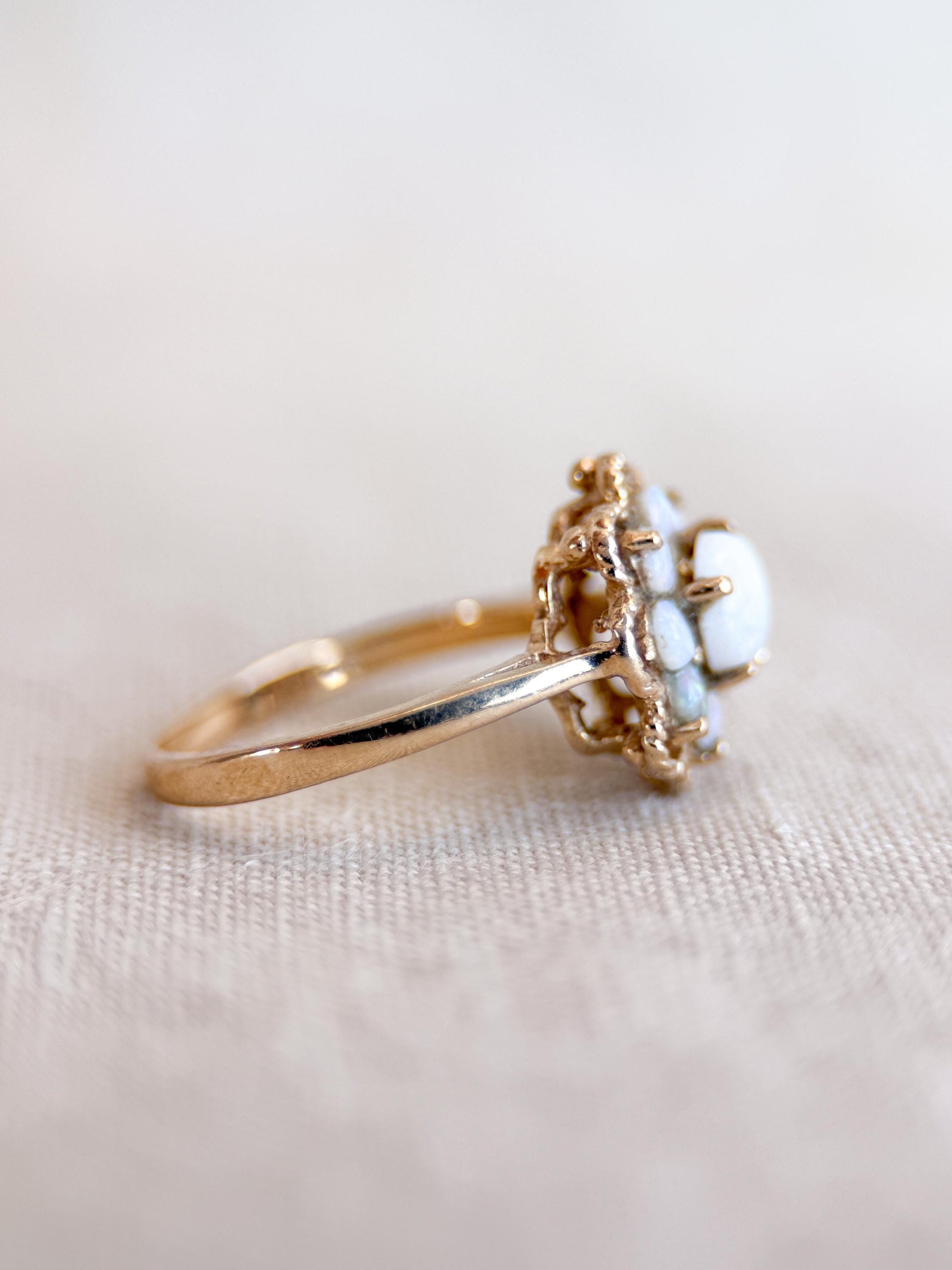 Vintage Opal Ring, 14k Gold, Round Cut Floral Halo Statement Ring, Unique Bold Jewelry