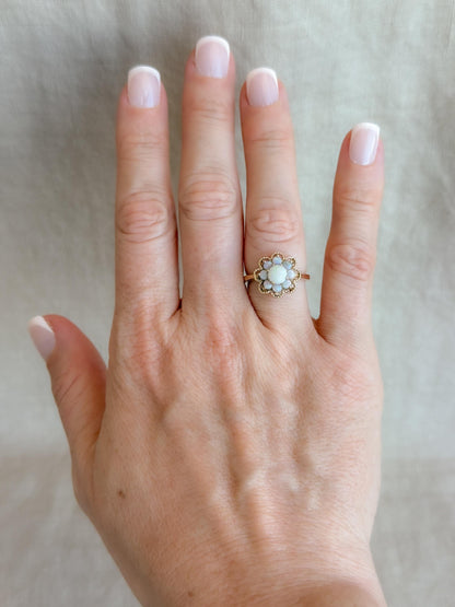 Vintage Opal Ring, 14k Gold, Round Cut Floral Halo Statement Ring, Unique Bold Jewelry