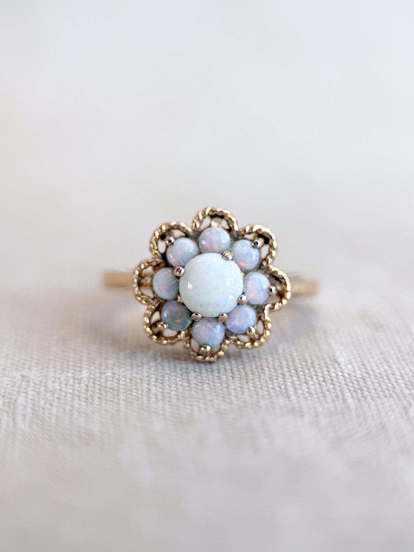 Vintage Opal Ring, 14k Gold, Round Cut Floral Halo Statement Ring, Unique Bold Jewelry