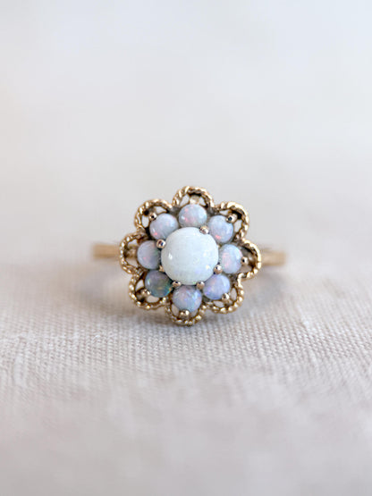 Vintage Opal Ring, 14k Gold, Round Cut Floral Halo Statement Ring, Unique Bold Jewelry