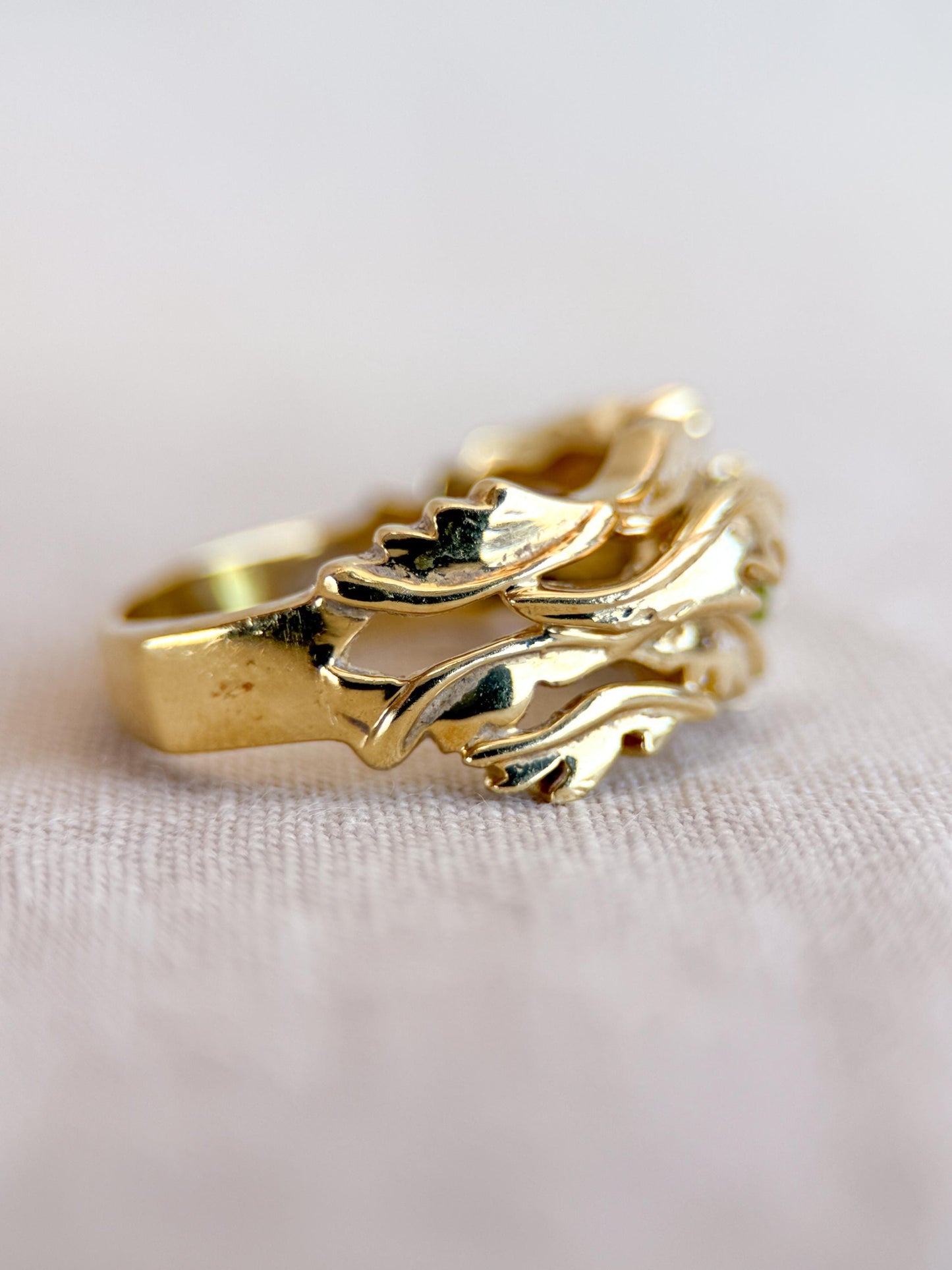 Vintage Peridot Ring, 18k Gold, Hand-Designed Pear Cut Floral Statement Ring, Unique Bold Jewelry