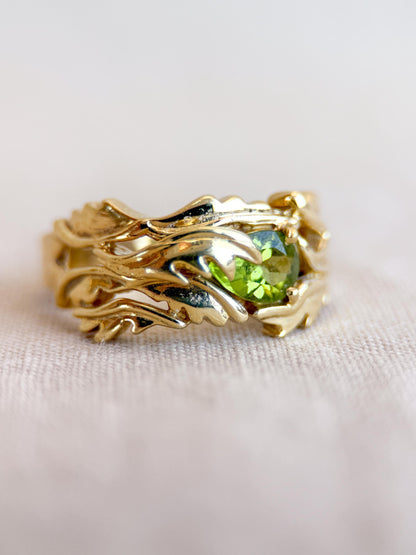 Vintage Peridot Ring, 18k Gold, Hand-Designed Pear Cut Floral Statement Ring, Unique Bold Jewelry
